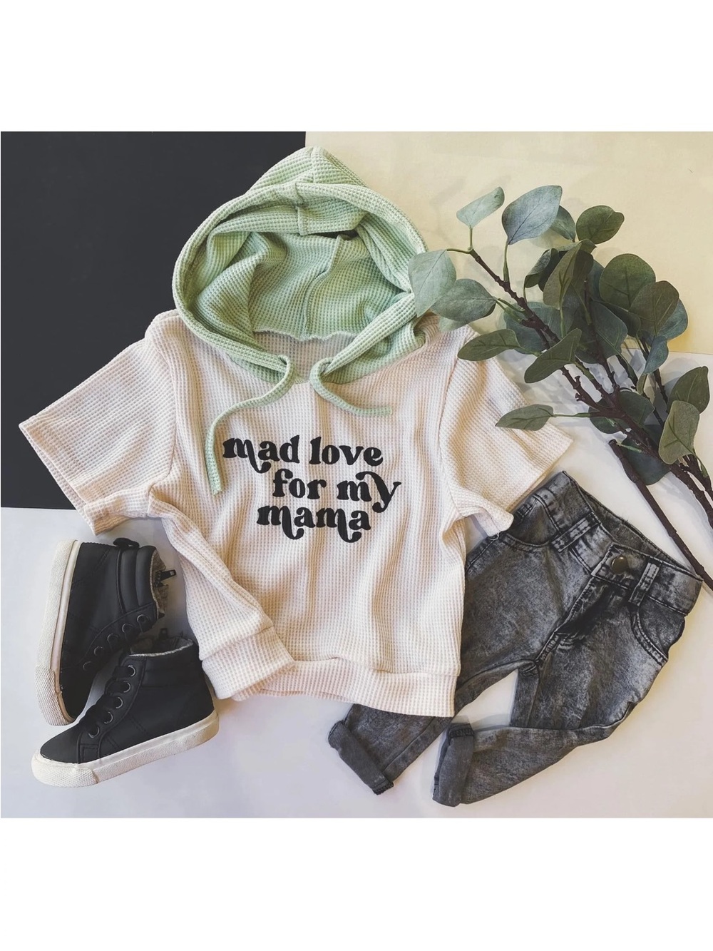Mad Love For My Mama Short Sleeve Hoodie - Cream with Mint Green Hood